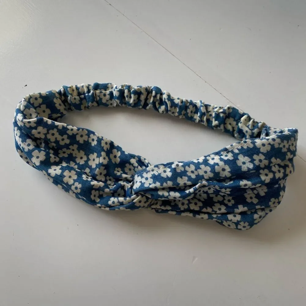 Blue and White Flower Knot Fabric Headband